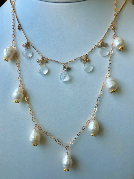 white fresh water rice pearls stationed on 14KT gold filled neckalce